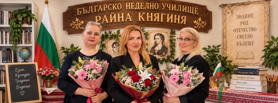 Учителките на училището пред табелата „Българско неделно училище Райна Княгиня“